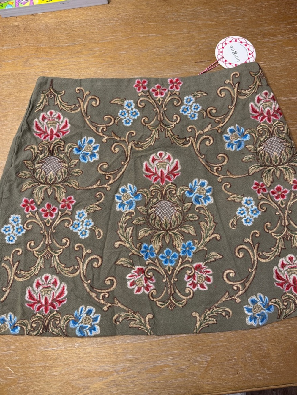 Umgee Olive Embroidered Mini Skirt with Red & Blue Florals